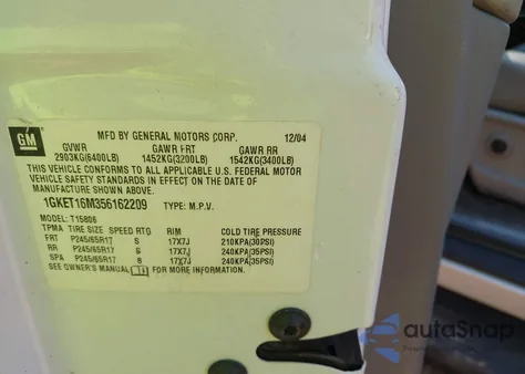 2005 GMC Envoy Xl Slt from USA, damaged, VIN 1GKET16M356162209
